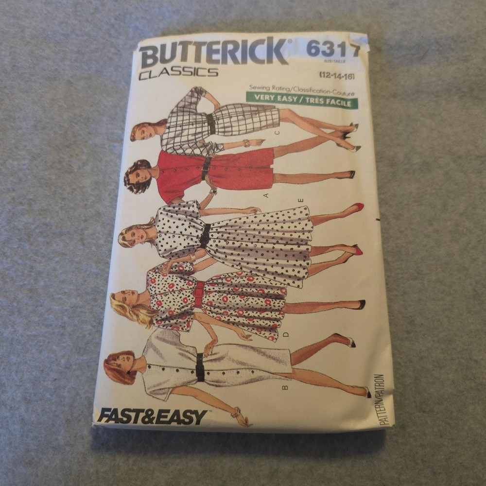 Butterick 6317 Dress Pattern Sz 12-16 UNCUT 1980s Belted Button Front Easy